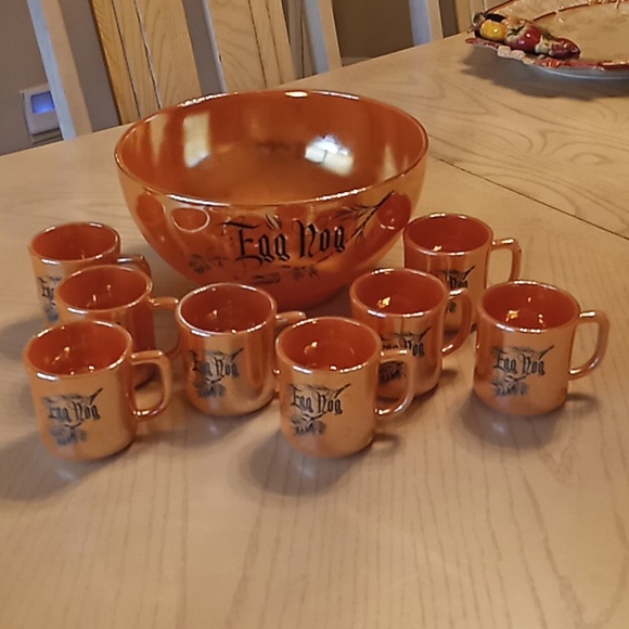 RARE FIND. Fire King Peach Luster Egg Nog Set Punch Bowl With 8 Cups. Beautiful! - Picture 2 of 13